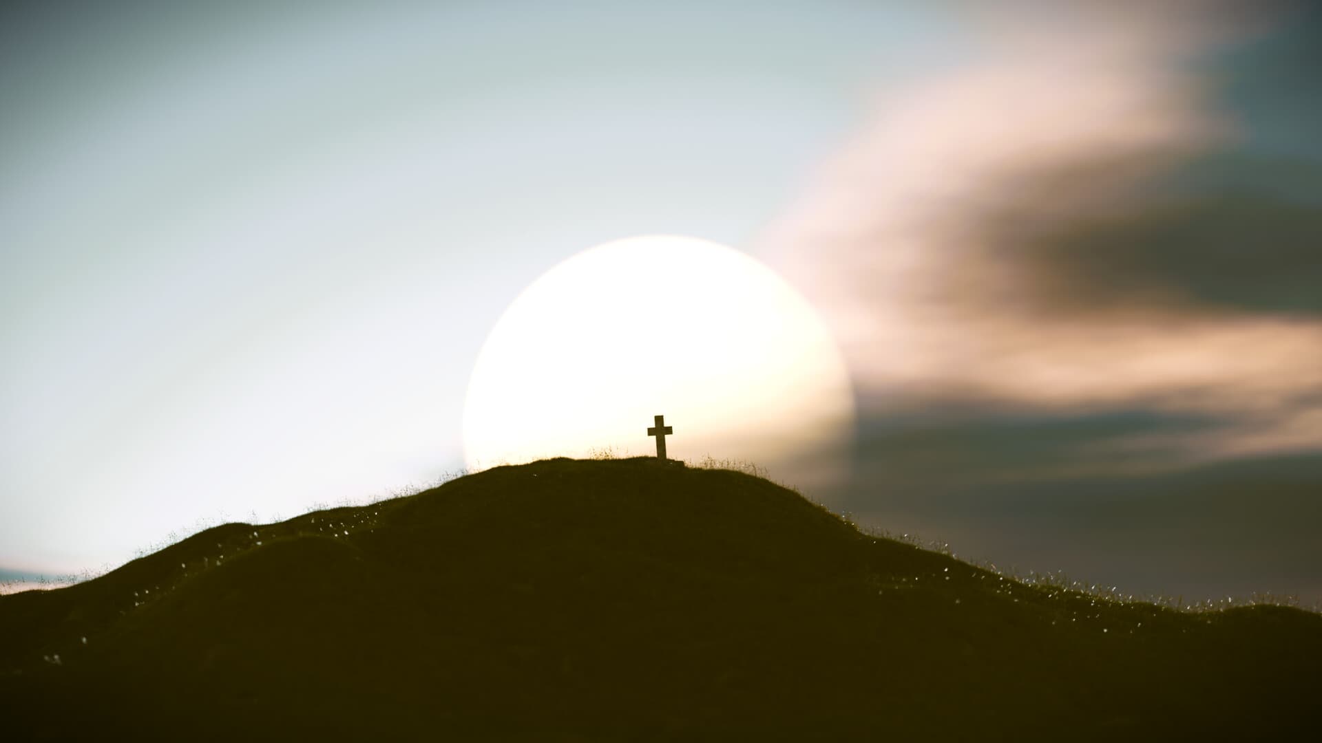 A 3D rendering of a grave hill with the bright sun in the background.