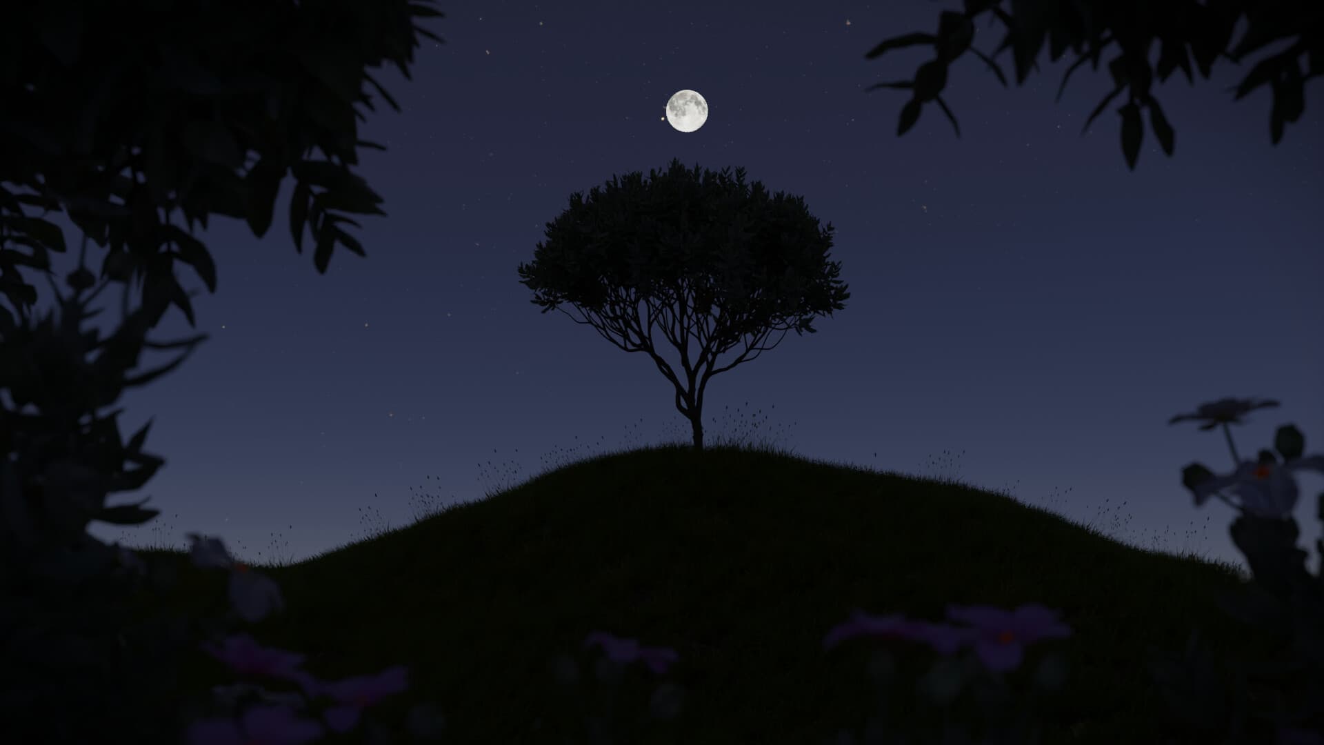 A 3D rendering of a tree at night with the moon and stars in the background.