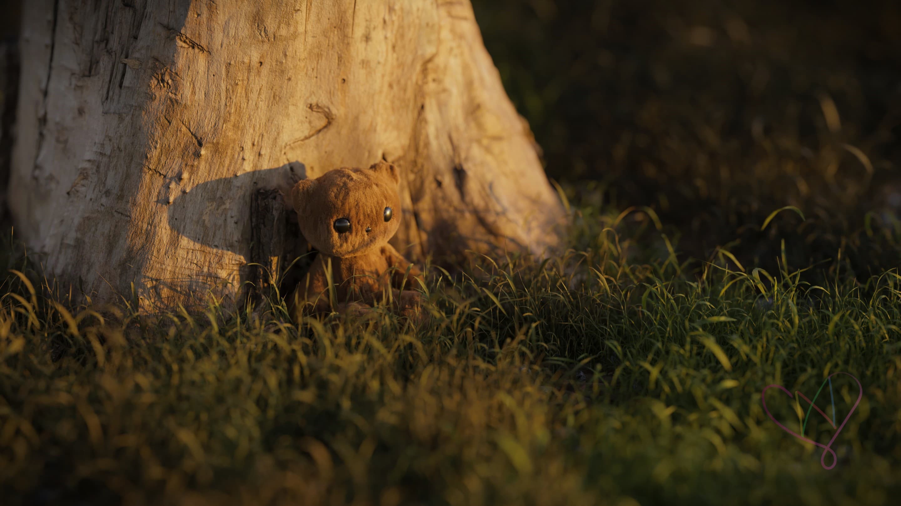 A 3D rendering of a teddy bear laying by a tree stump.